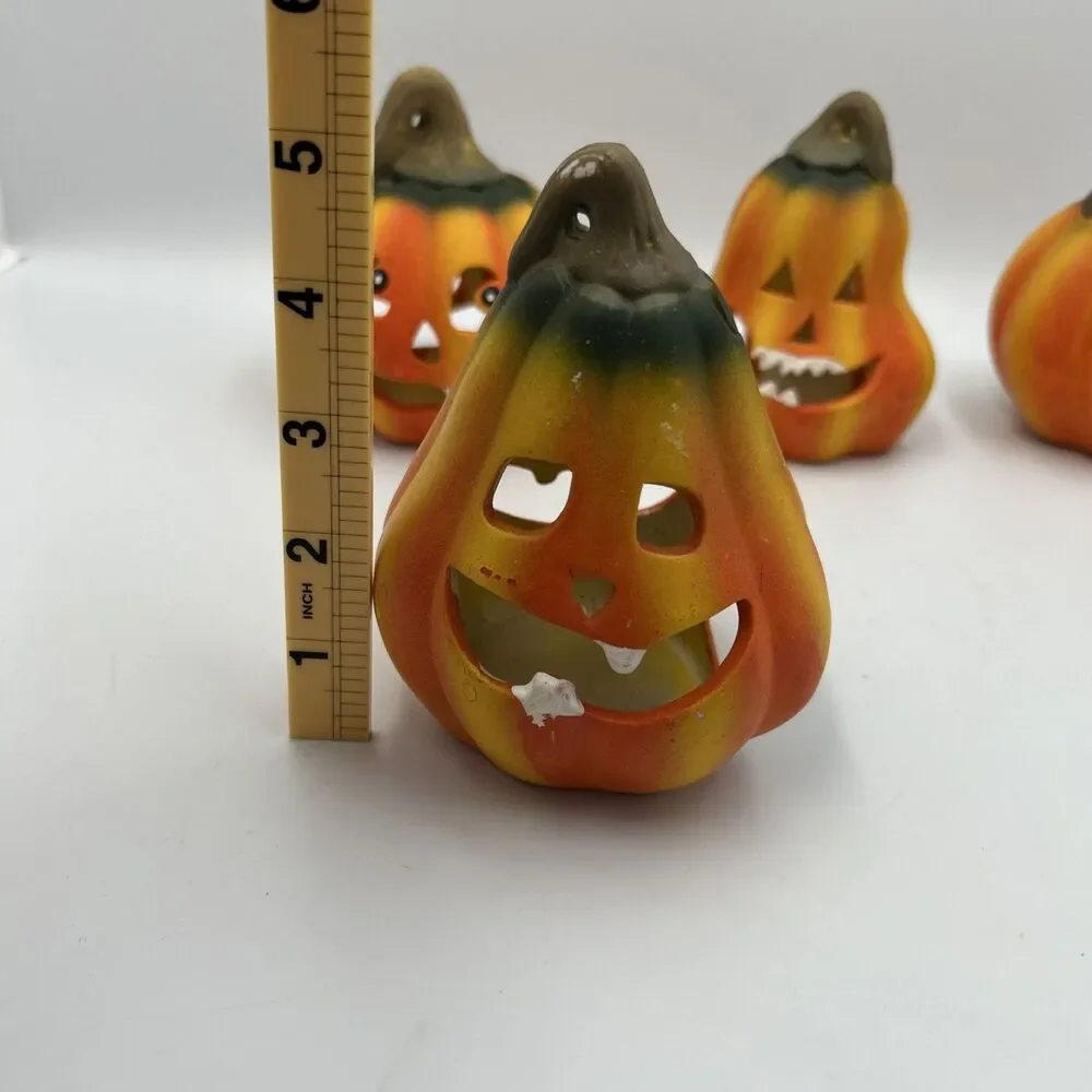 2000s Vintage Halloween Jack O Lantern Pumpkin Candle Holders Set of 4 Ceramic